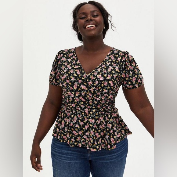 torrid Tops - Torrid Super Soft Surplice Puff Sleeve Top Roses Floral Jersey Plus Size 2X